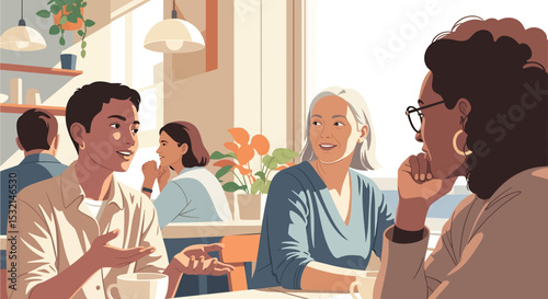 A clean vector illustration of a business meeting in a bright, modern cafe, showcasing teamwork and collaboration among diverse professionals