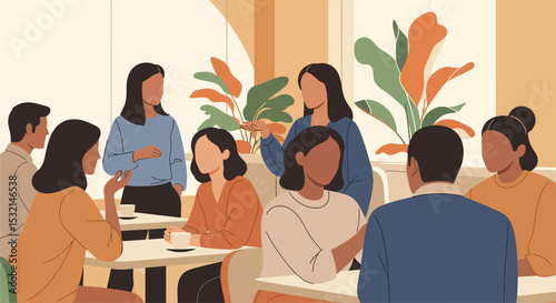 A clean vector illustration of a business meeting in a bright, modern cafe, showcasing teamwork and collaboration among diverse professionals