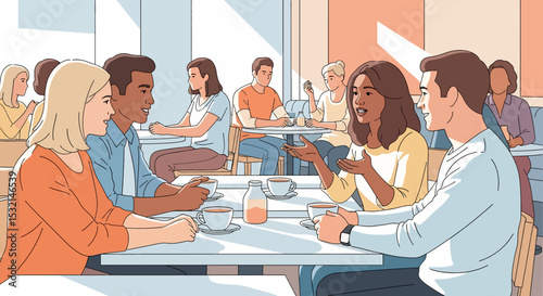 A clean vector illustration of a business meeting in a bright, modern cafe, showcasing teamwork and collaboration among diverse professionals