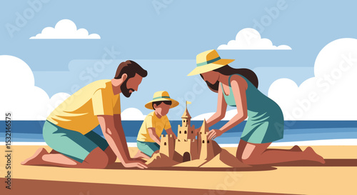 A charming vector illustration of a family building a sandcastle on a sunny beach, capturing the fun and joy of a summer vacation