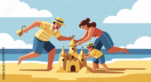 A charming vector illustration of a family building a sandcastle on a sunny beach, capturing the fun and joy of a summer vacation