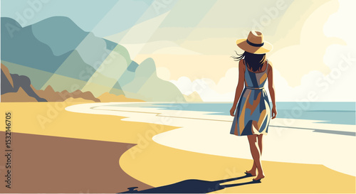 A serene summer beach vacation vector illustration: Woman in summer fashion walking peacefully along the shore, enjoying the vast ocean landscape
