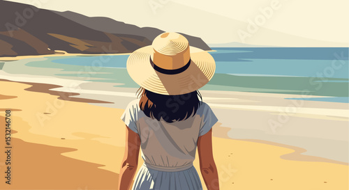 A serene summer beach vacation vector illustration: Woman in summer fashion walking peacefully along the shore, enjoying the vast ocean landscape