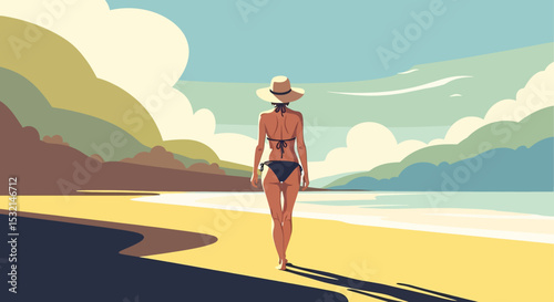 A serene summer beach vacation vector illustration: Woman in summer fashion walking peacefully along the shore, enjoying the vast ocean landscape
