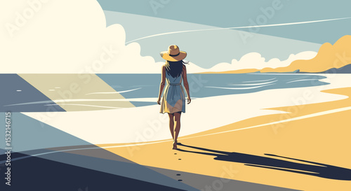 A serene summer beach vacation vector illustration: Woman in summer fashion walking peacefully along the shore, enjoying the vast ocean landscape