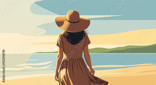 A serene summer beach vacation vector illustration: Woman in summer fashion walking peacefully along the shore, enjoying the vast ocean landscape
