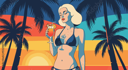 A captivating vector illustration of a woman enjoying a vibrant sunset cocktail on a tropical beach, embodying the essence of a serene summer vacation