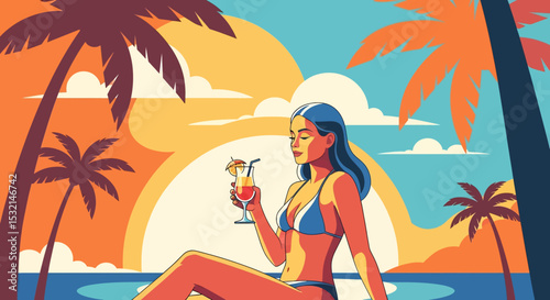 A captivating vector illustration of a woman enjoying a vibrant sunset cocktail on a tropical beach, embodying the essence of a serene summer vacation