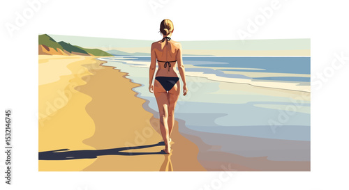A serene summer beach vacation vector illustration: Woman in summer fashion walking peacefully along the shore, enjoying the vast ocean landscape