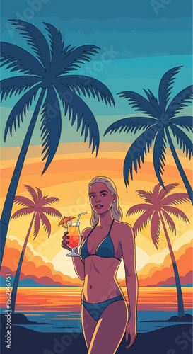 A captivating vector illustration of a woman enjoying a vibrant sunset cocktail on a tropical beach, embodying the essence of a serene summer vacation