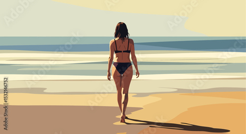 A serene summer beach vacation vector illustration: Woman in summer fashion walking peacefully along the shore, enjoying the vast ocean landscape