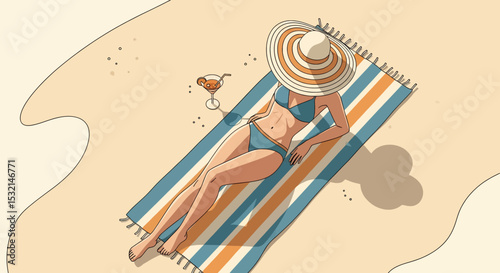 A relaxing summer beach vacation vector illustration: Woman in bikini and hat sunbathing on a towel with a refreshing drink. Perfect for sunny getaways