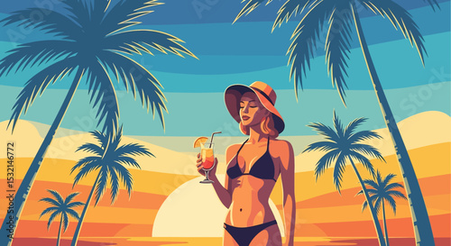 A captivating vector illustration of a woman enjoying a vibrant sunset cocktail on a tropical beach, embodying the essence of a serene summer vacation