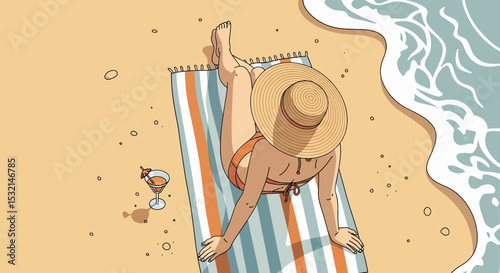 A relaxing summer beach vacation vector illustration: Woman in bikini and hat sunbathing on a towel with a refreshing drink. Perfect for sunny getaways