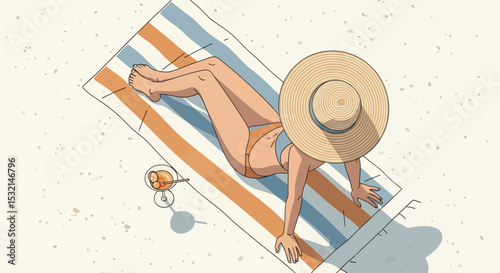 A relaxing summer beach vacation vector illustration: Woman in bikini and hat sunbathing on a towel with a refreshing drink. Perfect for sunny getaways