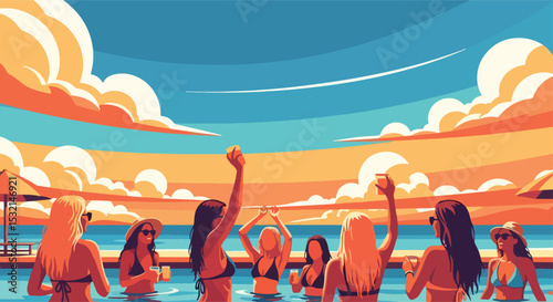 A lively vector illustration captures women celebrating a vibrant summer pool party with drinks, epitomizing fun and relaxation on vacation