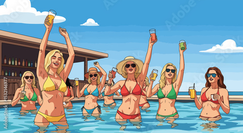 A lively vector illustration captures women celebrating a vibrant summer pool party with drinks, epitomizing fun and relaxation on vacation