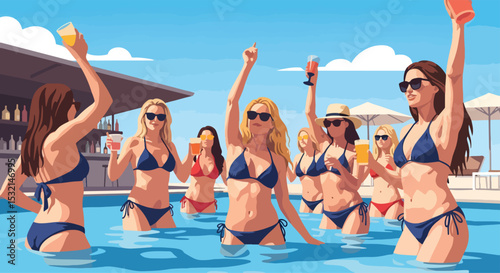 A lively vector illustration captures women celebrating a vibrant summer pool party with drinks, epitomizing fun and relaxation on vacation