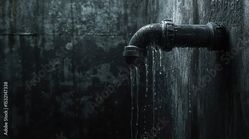 water flowing from a white pipe with drops, against a black background.
