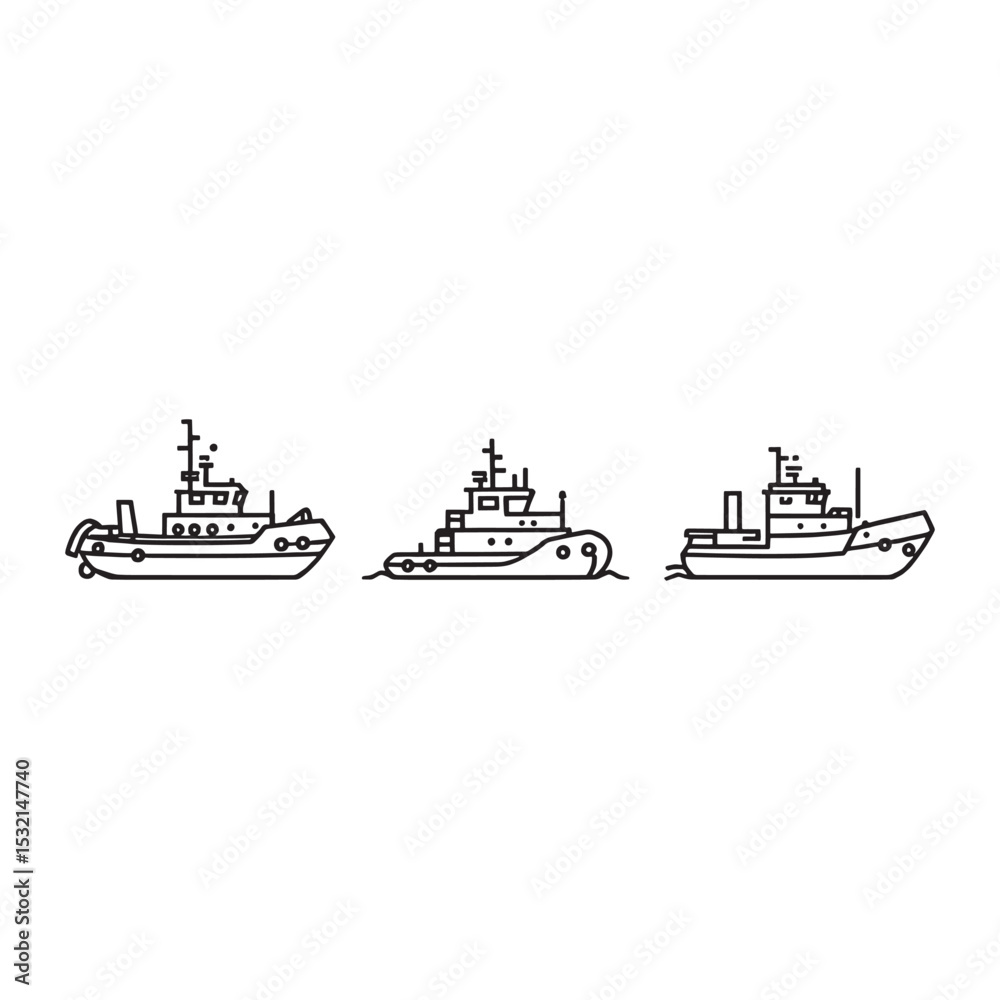 Obraz premium Tugboat line art illustration of harbor tow vessel
