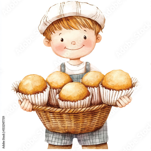 Watercolor Boy Holding a Basket of Muffin