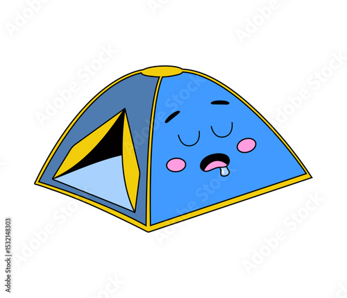 Groovy camping tent character. Retro cartoon mascot. Vector isolated