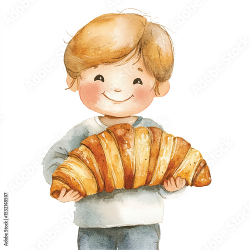 Watercolor Kid Holding a Croissant