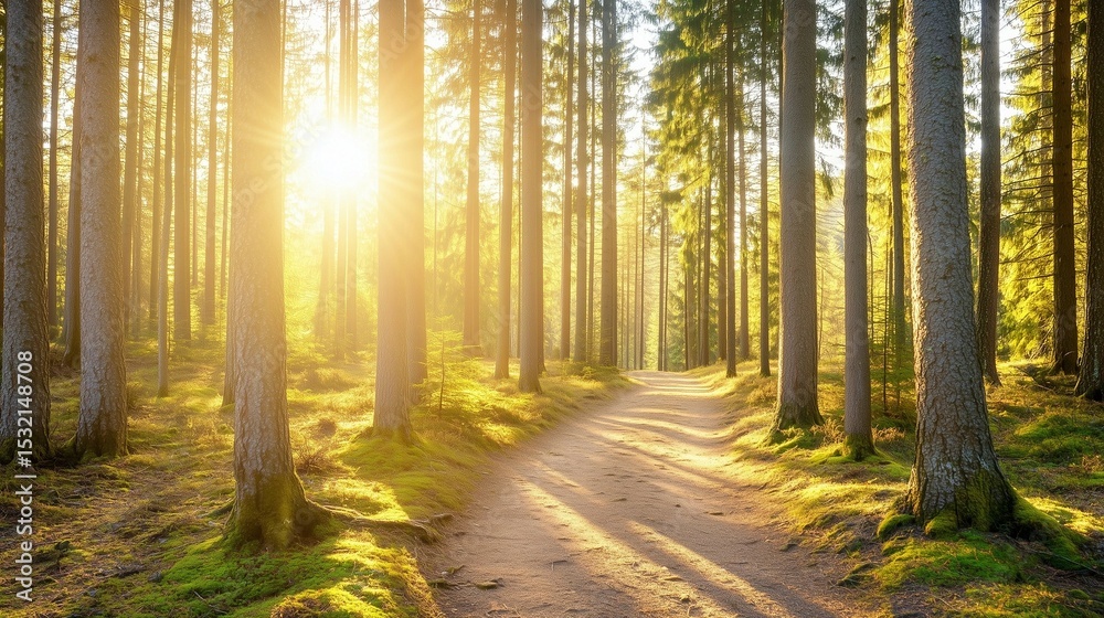 Fototapeta premium Sunlit forest path with golden rays through trees, a serene nature escape