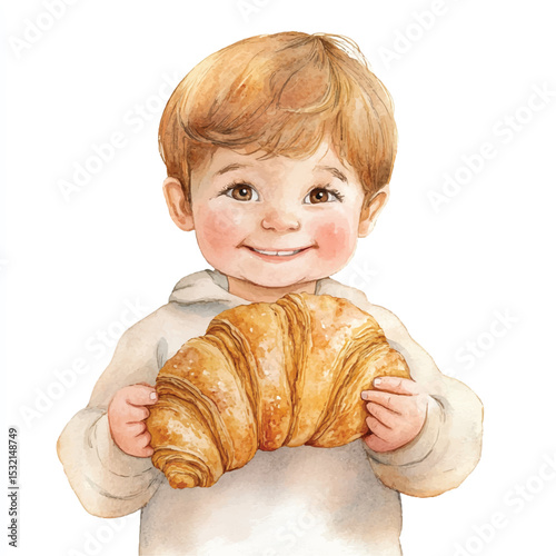 Watercolor Kid Holding a Croissant