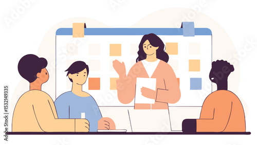A diverse group of people sitting around a table during a business seminar. A woman stands in front of them next to a board filled with sticky notes, guiding the discussion.