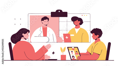 A medical team is having a discussion while reviewing patient data on a tablet. Doctors exchange opinions, analyze the results and make a diagnosis.