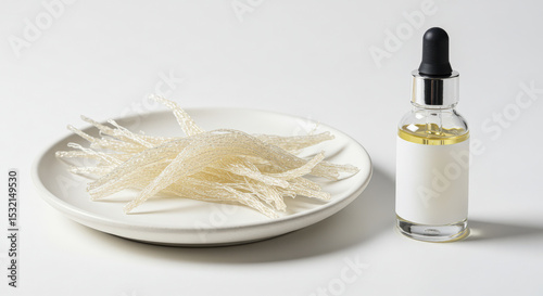 Pile of Collagen Threads Next to a Dropper Bottle