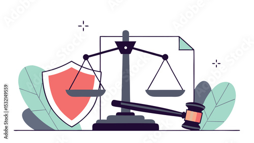 Symbols of legal defense: judge's gavel, scales of justice and a shield symbolizing insurance. The background is filled with legal documents emphasizing the formality and importance of legislation.