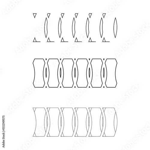 A minimalist black and white outline drawing showing three rows of abstract, interconnected geometric shapes, including triangles and rounded forms, on a plain white background.