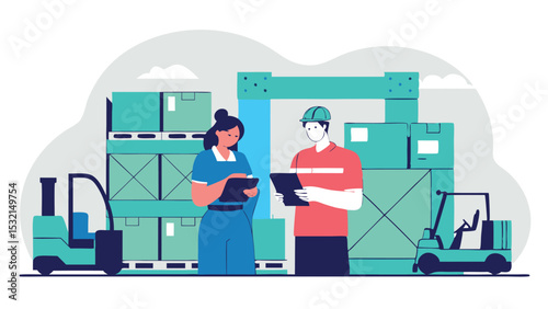 Two employees in the warehouse check the quality of goods and inventory management using a tablet. The work environment is organized for efficient logistics and timely delivery of products.