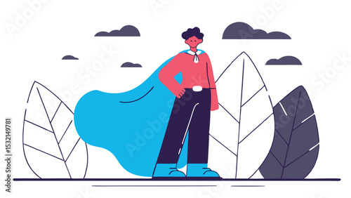 African American woman in casual wear and blue cape symbolizing empowerment and heroism. Her confident posture emphasizes strength, independence and courage.