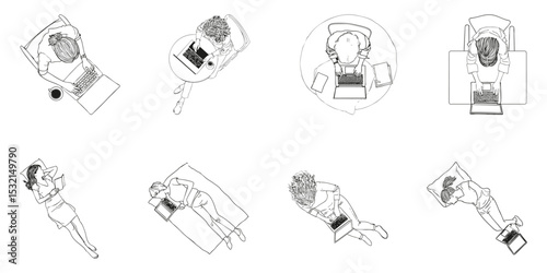 People Engaged In Various Activities With Laptops And Books Isometric View Outline Set. Remote Work And Leisure Line Collection. Isolated Vector Illustration