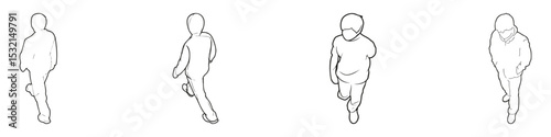 People Walking Outline Isometric View Set. Line Art Collection For Design And Planning. Isolated Vector Illustration