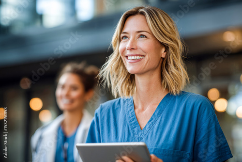 Medical nurse with blonde hair wearing blue scrubs is smiling