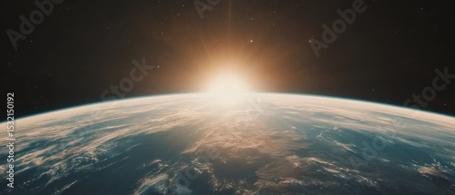 Earth view from space. Sun rises above the horizon. Stars shine. Blue planet with clouds. Cosmic scene. Scenic space vista.
