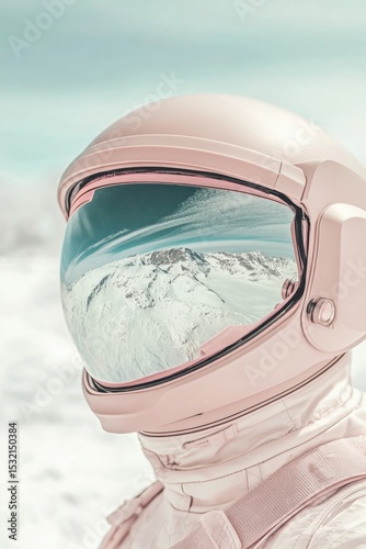 Pink space suit. Helmet reflects snowy mountain vista. Bright sky in the visor. Exploration theme. Space travel concept. New frontier adventure. Winter landscape.