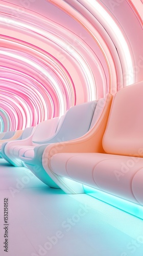 Curved pastel structure with futuristic seats inside a light pink and blue space. Long row of empty benches inside an abstract interior.