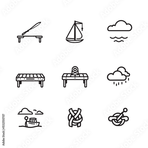 Vector Line Art of Wharf Pier and Coastal Landscape