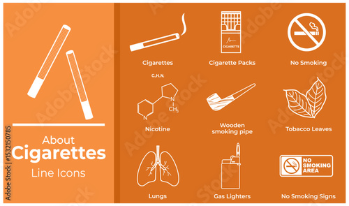 A set of cigarette icons in line art style. Features elements 
such as cigarette sticks, cigarette packs, no smoking signs, 
nicotine, smoke, cigarette butts, and more. Minimalist vector design, 
idea