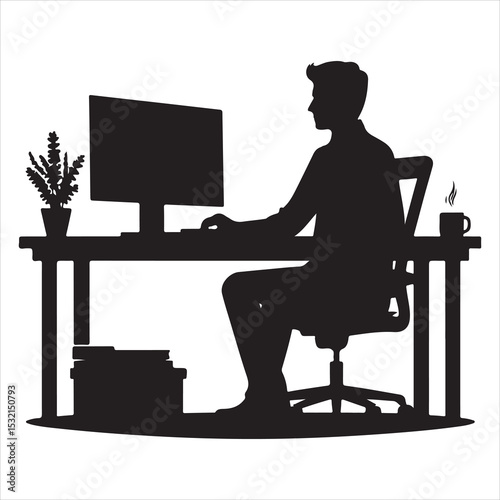 Silhouette of person remote working  ,  vector black color  , solide white colour background 