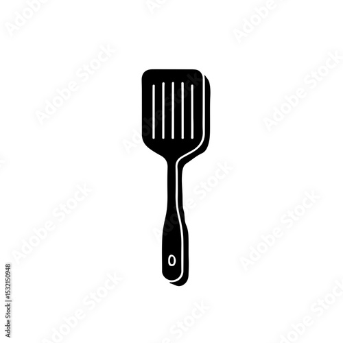Top View of Black Slotted Spatula on Grey. A clean, overhead shot of a black slotted spatula with a subtle white outline, resting on a light grey background