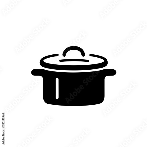 Cooking Pot Flat Design Shadow Icon. A modern flat design icon of a cooking pot with a lid and subtle drop shadow, presented in solid black on a light background