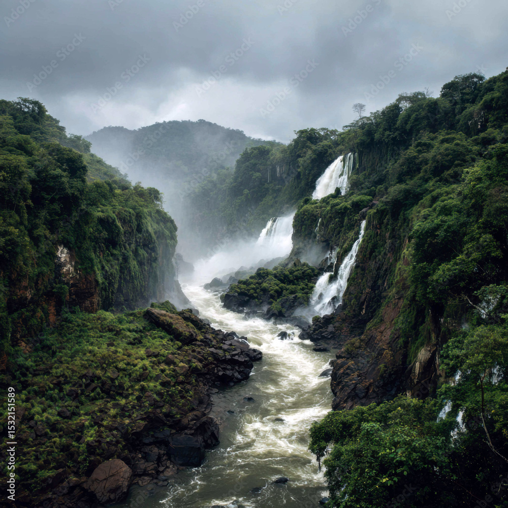Fototapeta premium Cascading Waterfalls Flowing Through Lush Green Tropical Landscape on Overcast Day