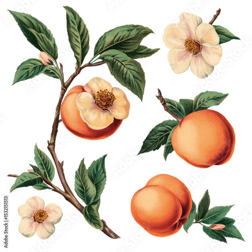 Vintage Embroidered Peach Illustration on isolated transparent cutout PNG Background