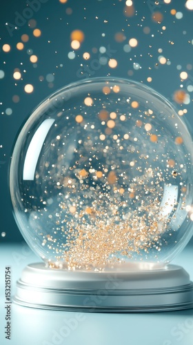 Glass globe holding golden glitter dust. Small shiny particles swirling. Bright sparkles falling down. Clear sphere on a base. Blue background with soft light.